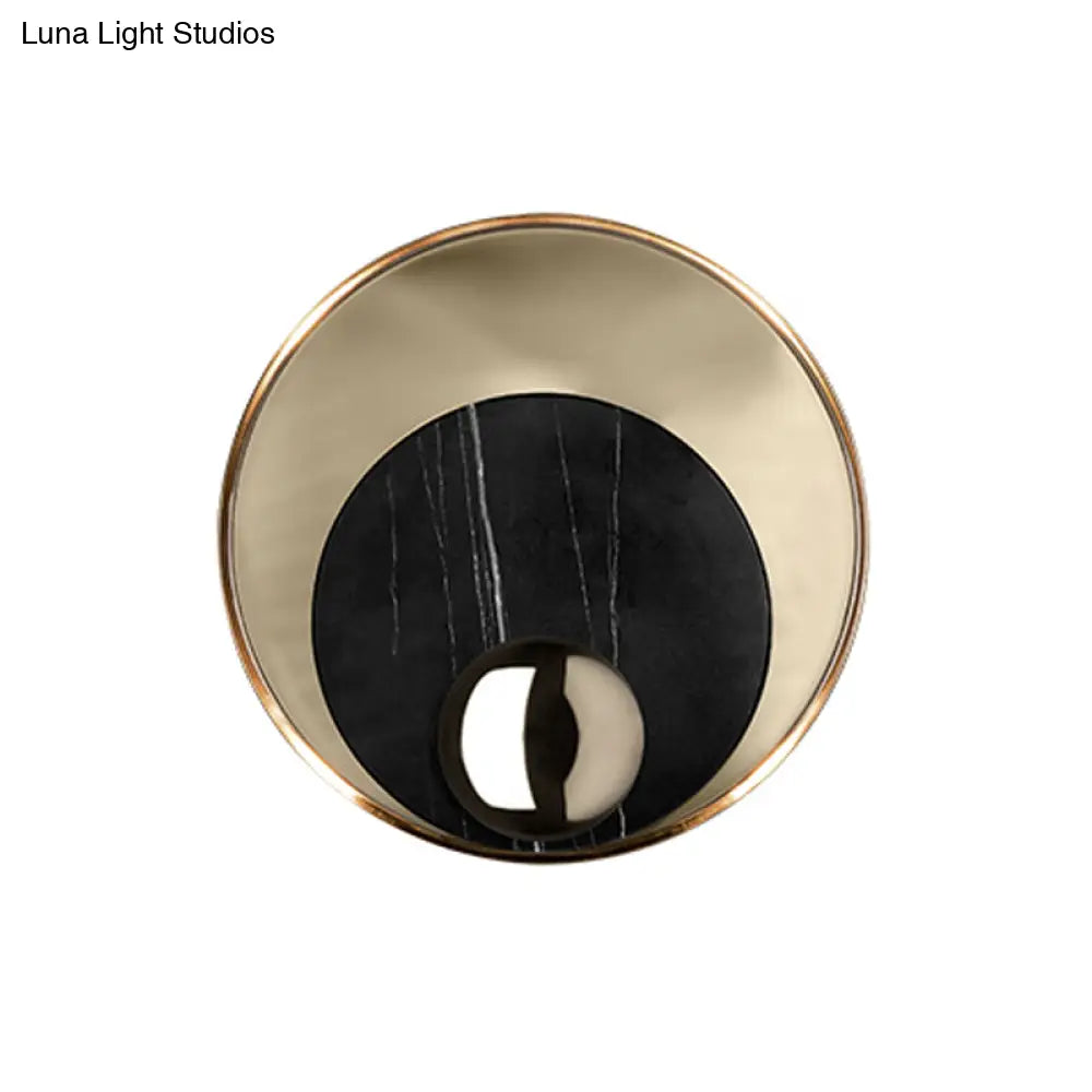 Modernist Led Sconce Lighting: Round Marble White/Black Wall Lamp With Gold Metal Backplate