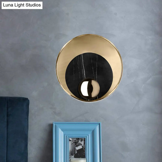 Modernist Led Sconce Lighting: Round Marble White/Black Wall Lamp With Gold Metal Backplate