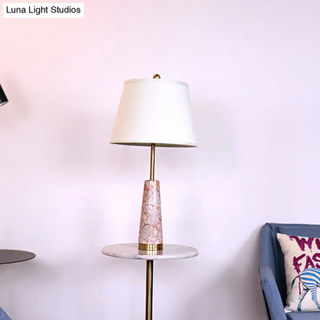 Modernist Marble Cone Nightstand Lamp With Red 1-Head And White Fabric Shade