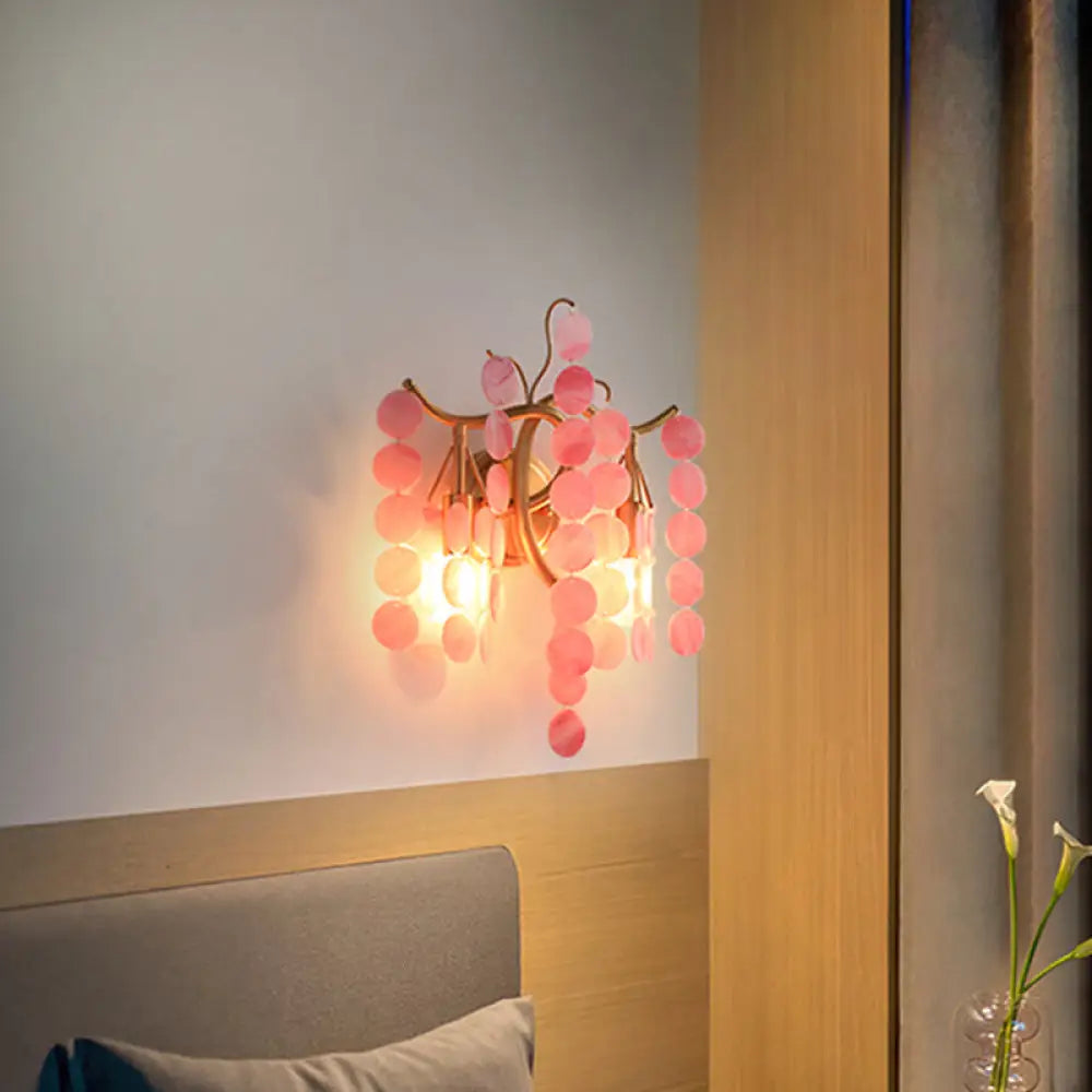 Modernist Metal 2-Head Wall Light Fixture In Brass With Crystal Deco - Bedroom Sconce Lighting Pink