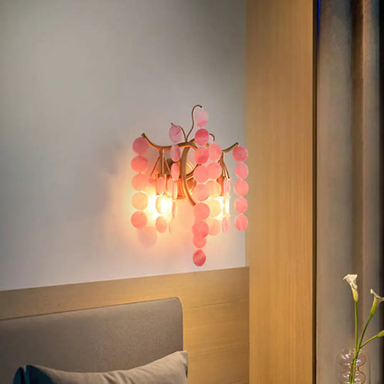 Modernist Metal 2-Head Wall Light Fixture In Brass With Crystal Deco - Bedroom Sconce Lighting Pink
