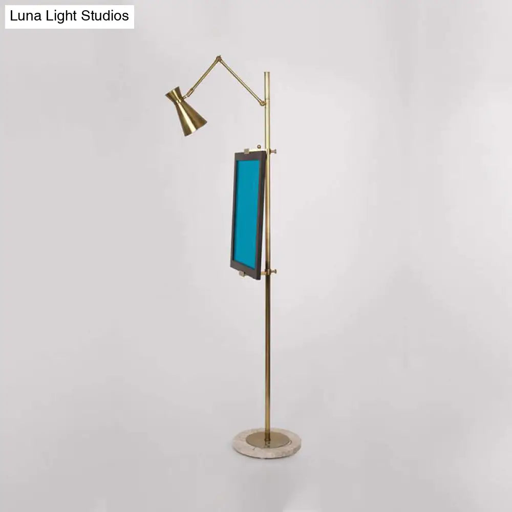 Modernist Metal Floor Lamp With Picture Clip - Brass Hourglass Stand Up Light 1 Bulb