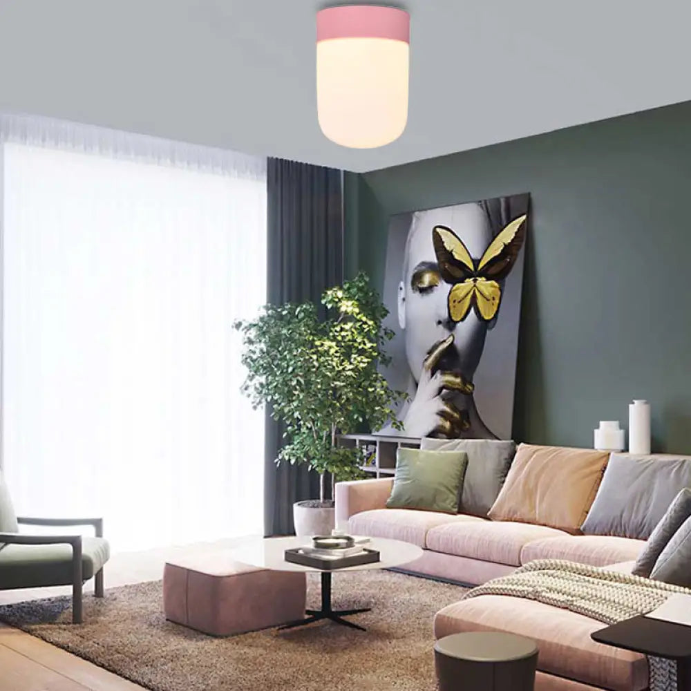Modernist Metal & Frosted Glass Flush Mount Light - Pink/Gray Ceiling Lighting Pink