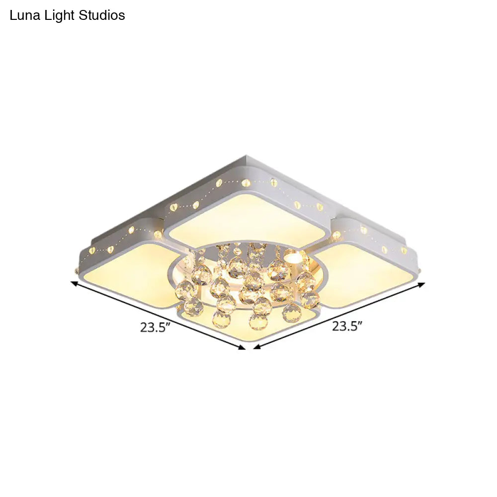 Modernist Metal Led Bedroom Flush Mount Light In White With Crystal Droplet | Square Close - To -