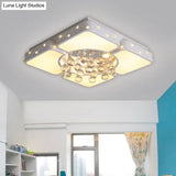 Modernist Metal Led Bedroom Flush Mount Light In White With Crystal Droplet | Square Close - To -