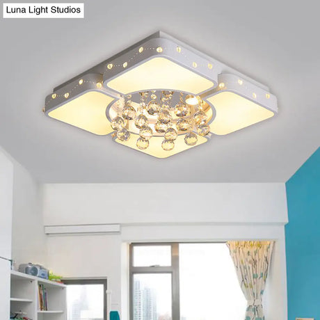Modernist Metal Led Bedroom Flush Mount Light In White With Crystal Droplet | Square Close - To -