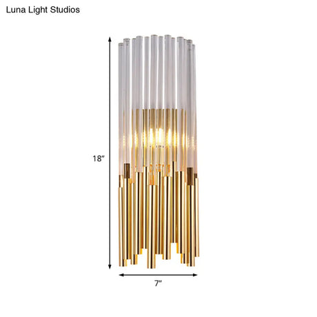 Modernist Metal Led Wall Sconce Light With Crystal Prism: Cylinder Fixture In Brass/Gold
