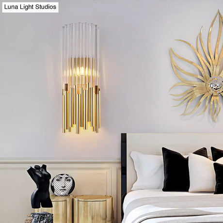 Modernist Metal Led Wall Sconce Light With Crystal Prism: Cylinder Fixture In Brass/Gold