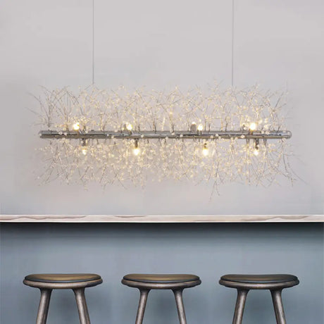 Modernist Metallic Branch Island Pendant Light | Silver Hanging Lamp With Crystal Bead Deco