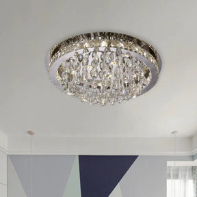 Modernist Nickel Led Ceiling Flush Light With Crystal-Encrusted Beveled Cut Circles And Drops