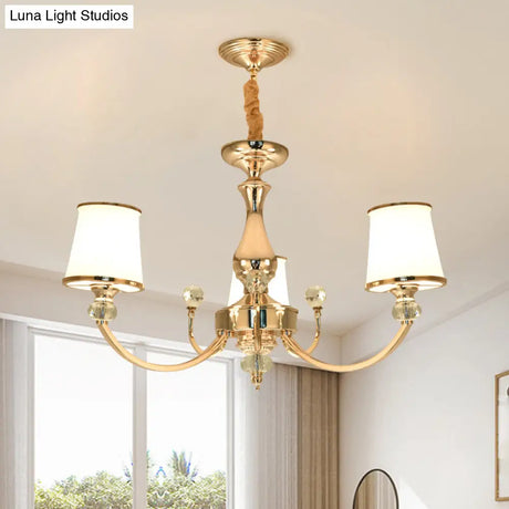 Modernist Opal Glass Cone Ceiling Pendant Chandelier - Chrome/Gold Curved Arm 3/6 Lights