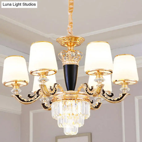 Modernist Opal Glass Gold Cone Chandelier With Crystal Accents - Stylish Pendulum Light