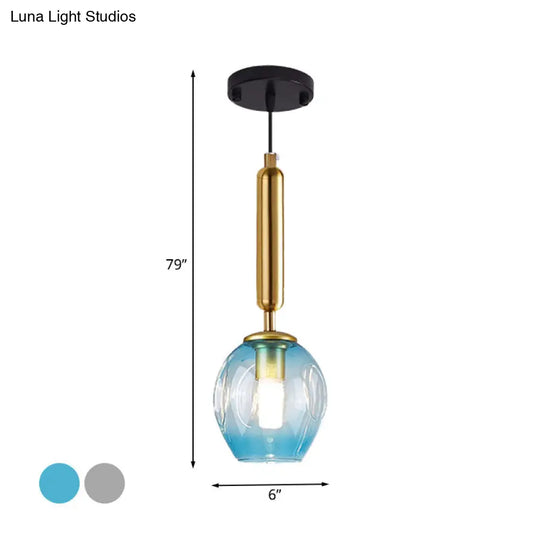 Modernist Pendant Lamp Fixture With Blue/Smoke Gray Dimpled Glass For Tulip Bedside Hanging Lighting
