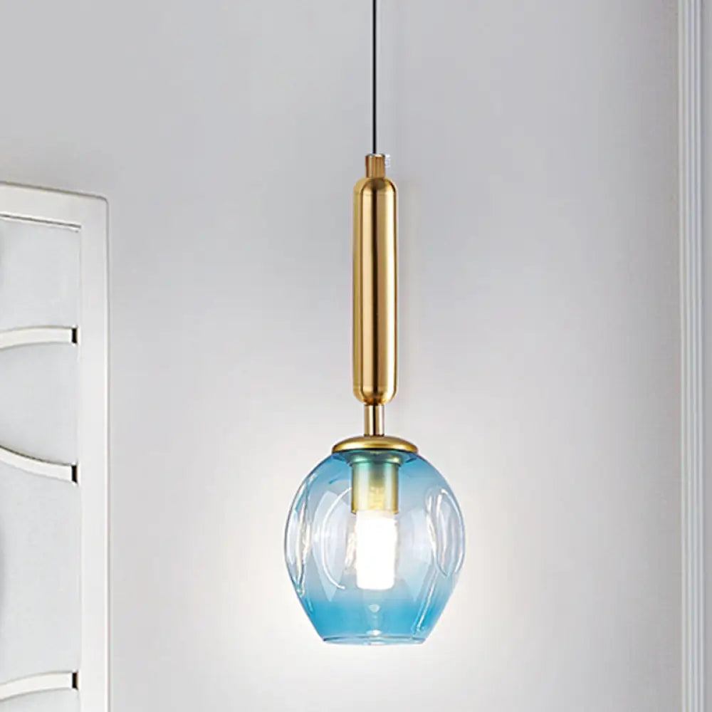 Modernist Pendant Lamp Fixture - Tulip Bedside Hanging Lighting In Blue/Smoke Gray Dimpled Glass
