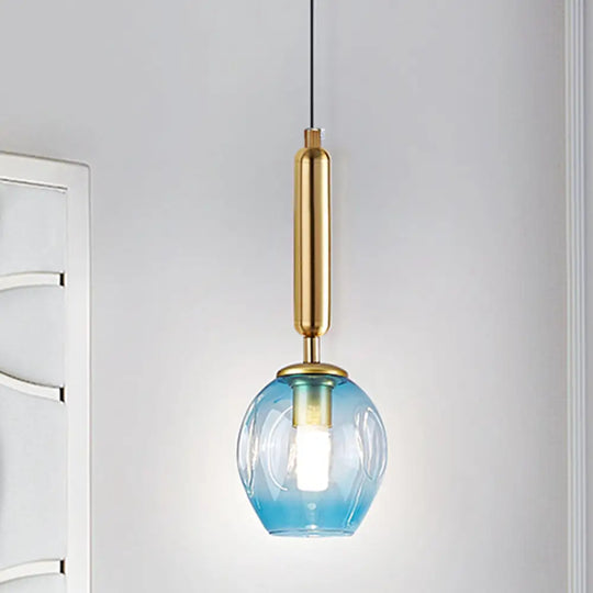 Modernist Pendant Lamp Fixture - Tulip Bedside Hanging Lighting In Blue/Smoke Gray Dimpled Glass