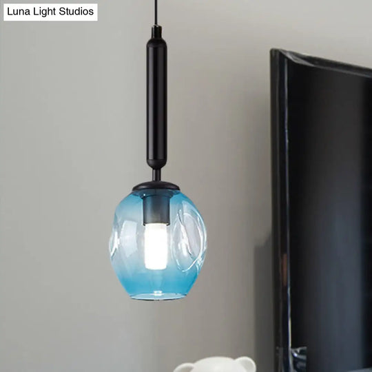 Modernist Pendant Lamp Fixture With Blue/Smoke Gray Dimpled Glass For Tulip Bedside Hanging Lighting