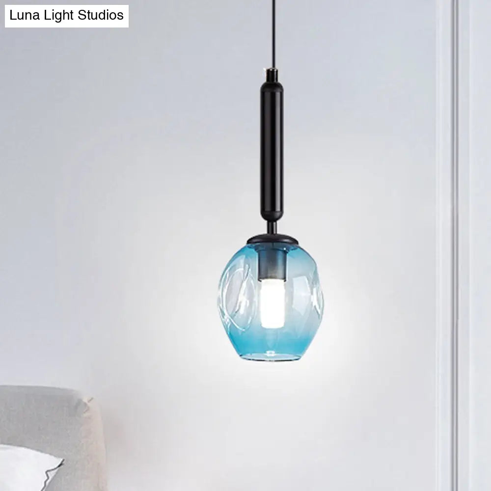 Modernist Pendant Lamp Fixture - Tulip Bedside Hanging Lighting In Blue/Smoke Gray Dimpled Glass