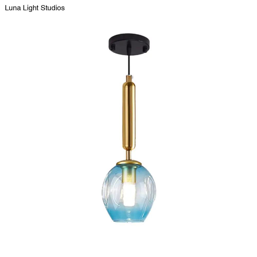 Modernist Pendant Lamp Fixture - Tulip Bedside Hanging Lighting In Blue/Smoke Gray Dimpled Glass