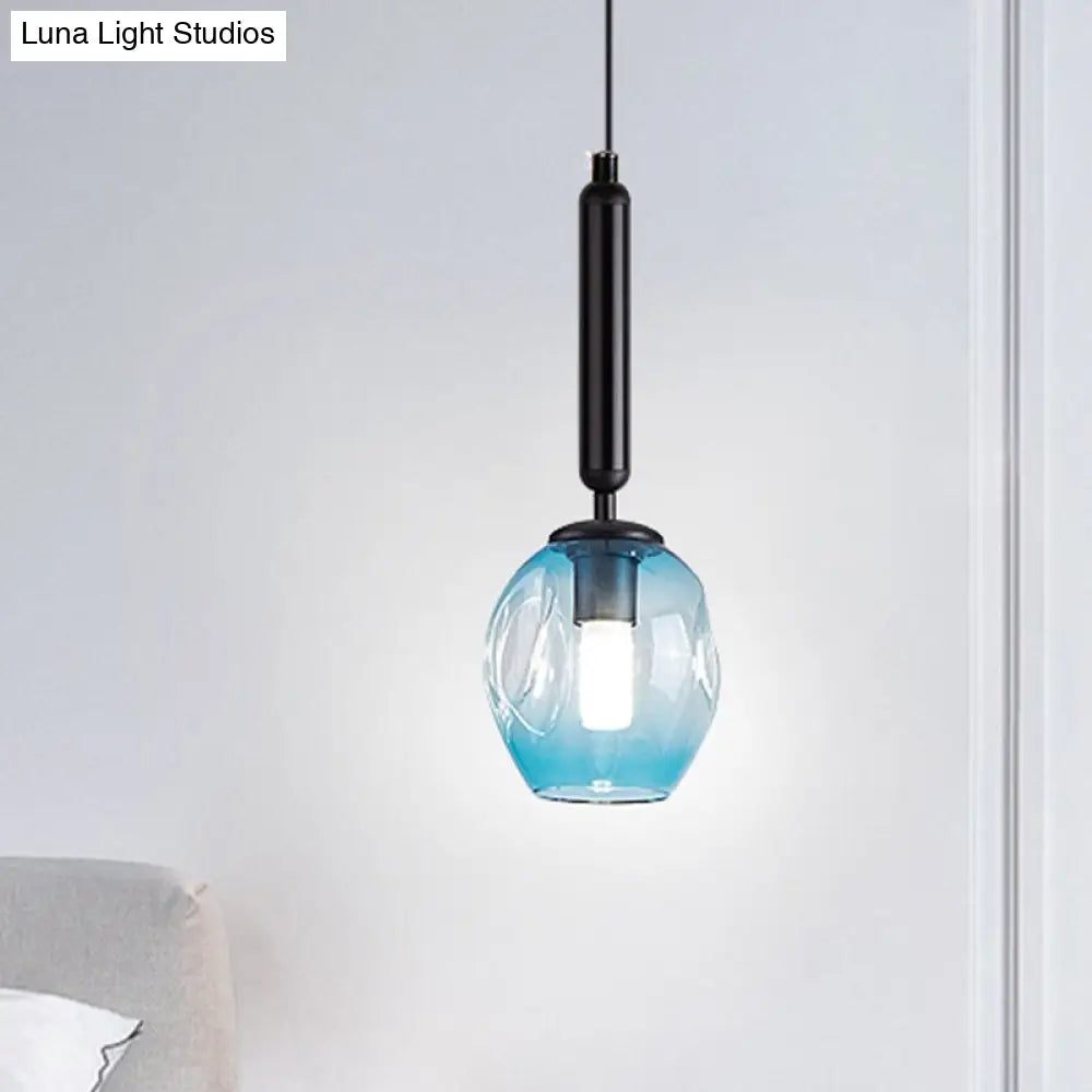 Modernist Pendant Lamp Fixture With Blue/Smoke Gray Dimpled Glass For Tulip Bedside Hanging Lighting
