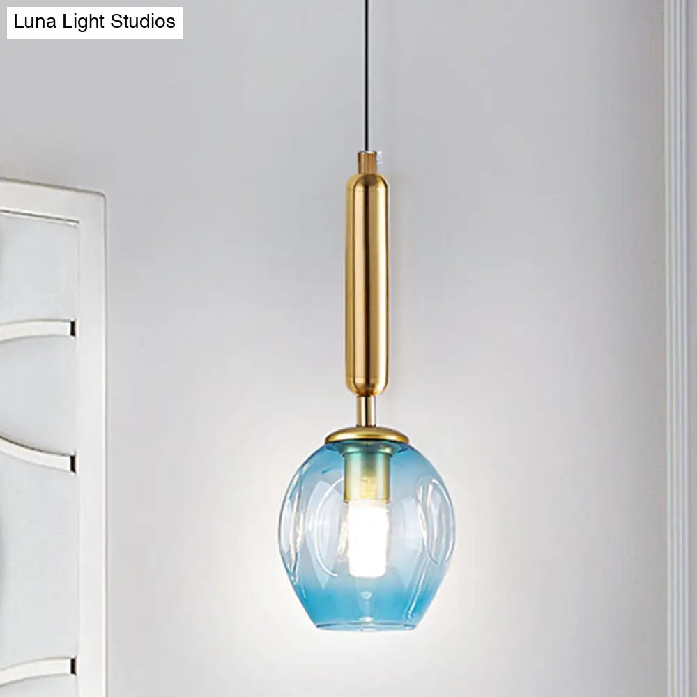Modernist Pendant Lamp Fixture With Blue/Smoke Gray Dimpled Glass For Tulip Bedside Hanging Lighting