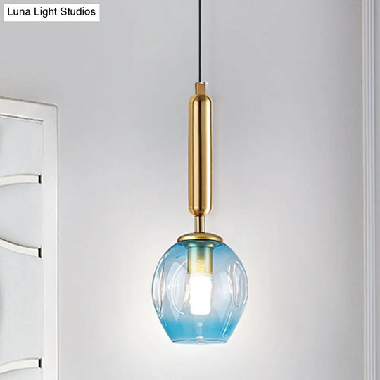 Modernist Pendant Lamp Fixture With Blue/Smoke Gray Dimpled Glass For Tulip Bedside Hanging Lighting