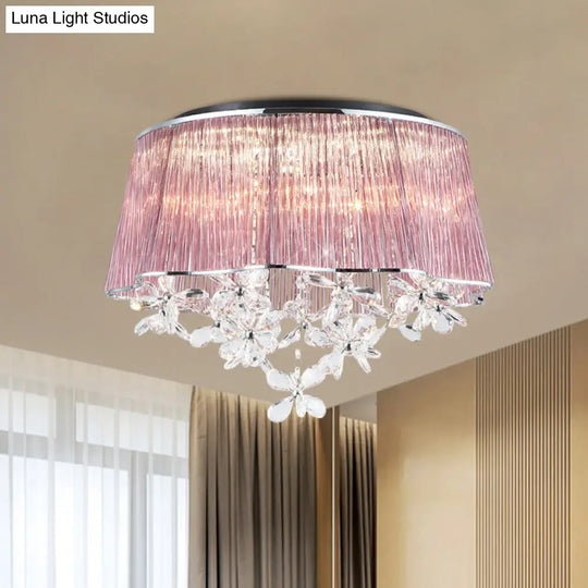 Modernist Pink Crystal Rods Ceiling Lamp With Scalloped Drum Shade 3-Light Flush Mount