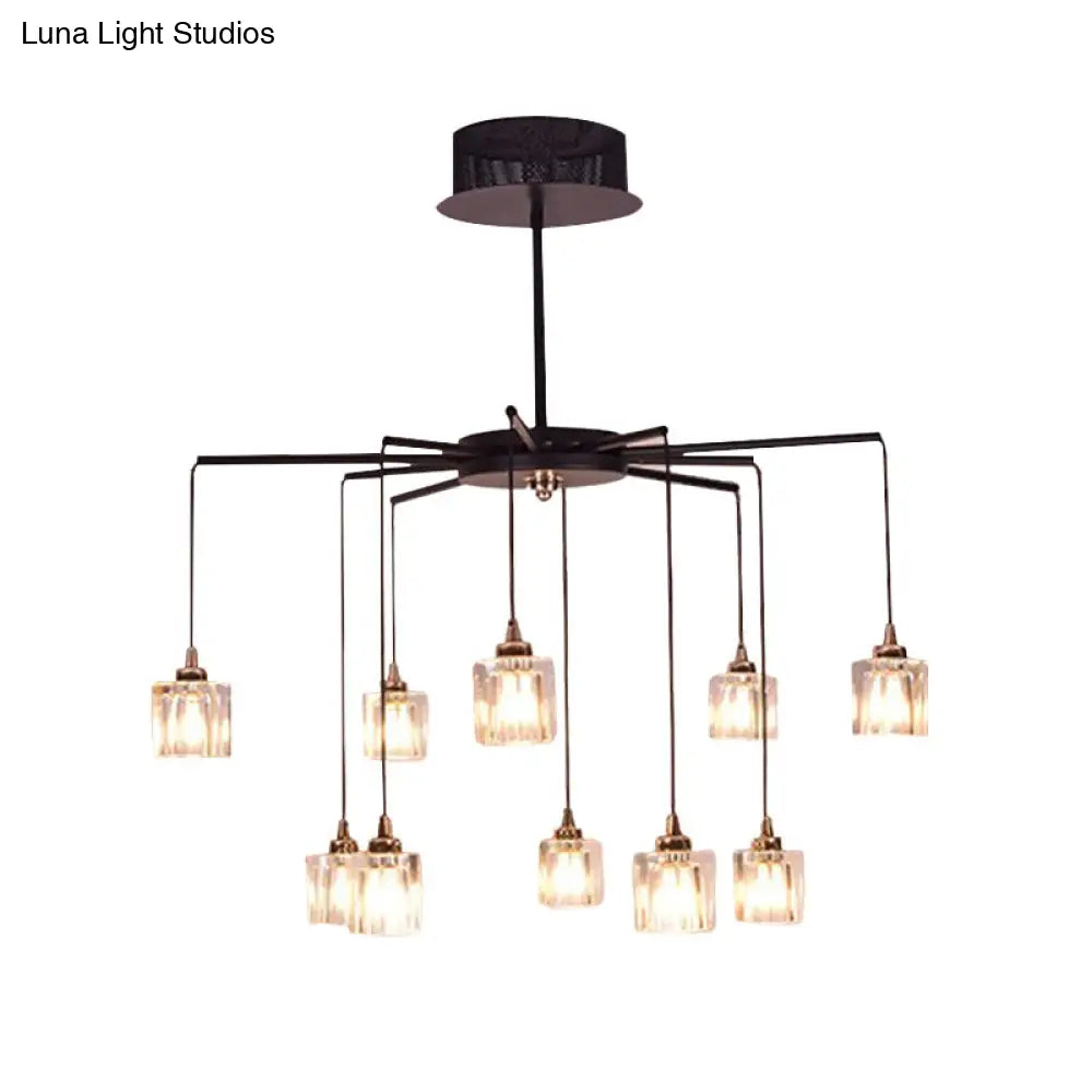 Modernist Black Finish Radial Ceiling Chandelier With 10 Lights And Clear Crystal Cube Shade
