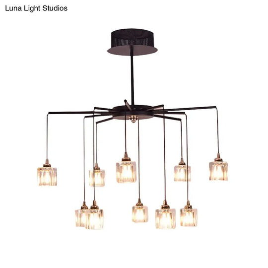 Modernist Black Finish Radial Ceiling Chandelier With 10 Lights And Clear Crystal Cube Shade