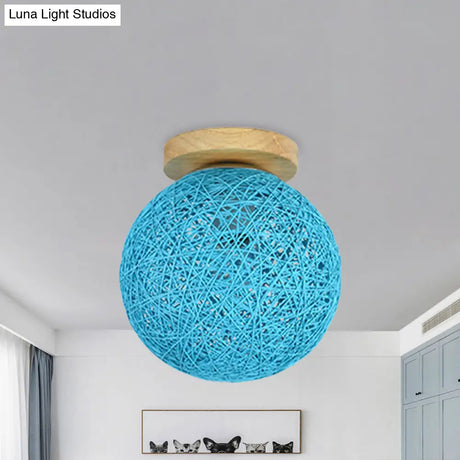 Modernist Rattan Ceiling Mount Light: Blue/Flaxen Globe Shade 6’/8’ Wide 1 Bulb Flush Lighting