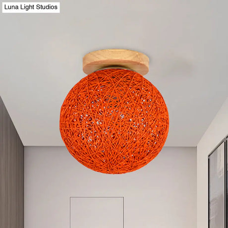 Modernist Rattan Ceiling Mount Light: Blue/Flaxen Globe Shade 6’/8’ Wide 1 Bulb Flush Lighting