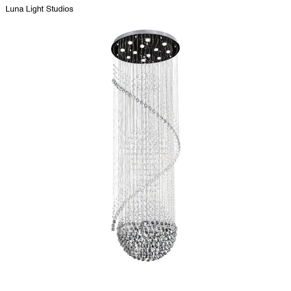 Modernist Silver Crystal Led Cluster Pendant Light With 12 Hanging Lamp Heads Orbs And Rods