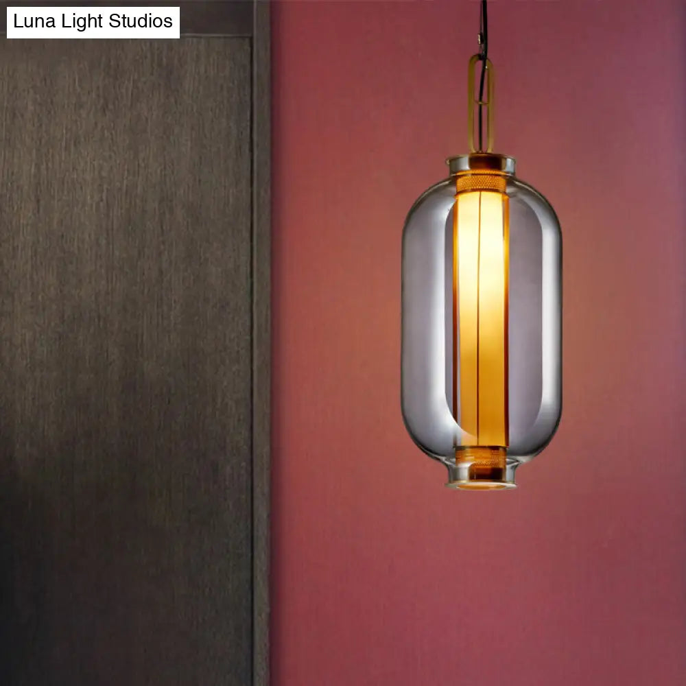 Modernist Smoke Glass Cylindrical Suspension Light - 1 Bulb Hanging Lamp For Living Room