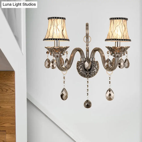 Modernist Smoke Grey Crystal Conical Sconce Light: Wall Mounted Lighting For Living Room (1/2