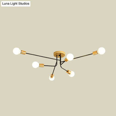 Modernist Sputnik Semi Flush Mount Light - Gold & Black Finish 6 Bulbs Close To Ceiling