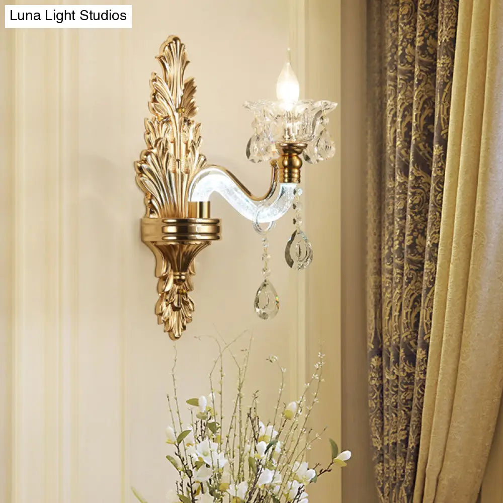 Modernist Style Floral Wall Sconce With Clear Crystal 1/2-Light Fixture - Gold Light For Living Room