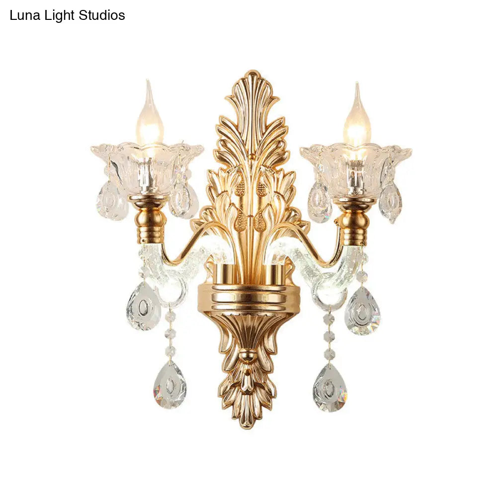 Modernist Style Floral Wall Sconce With Clear Crystal 1/2-Light Fixture - Gold Light For Living Room