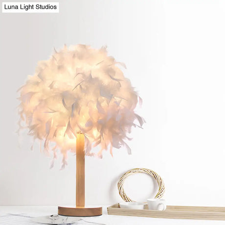 Modernist White Feather Desk Lamp With Wood Base - 1 Light Fabric Shade Night Table