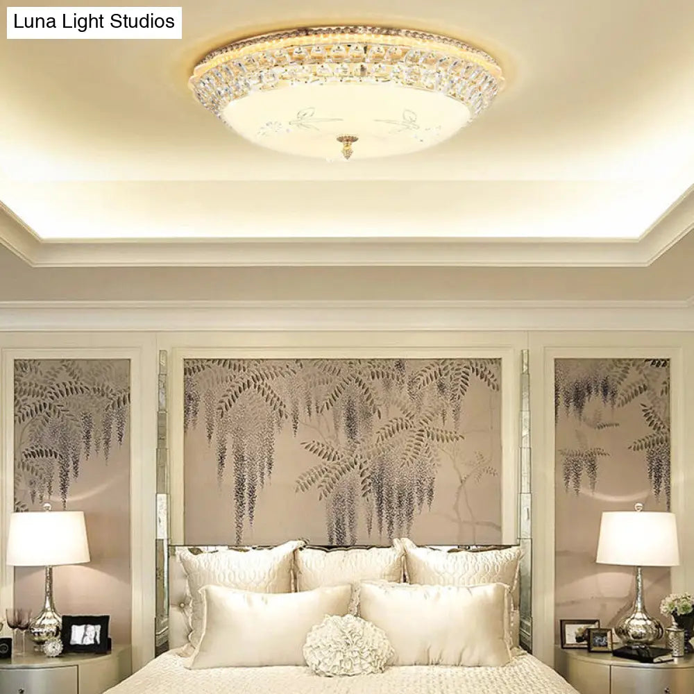 Modernist White Glass And Clear Crystal Led Flush Pendant Light For Bedroom - 12/16 Diameter