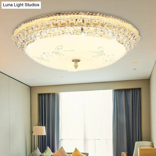 Modernist White Glass And Clear Crystal Led Flush Pendant Light For Bedroom - 12/16 Diameter / 23.5