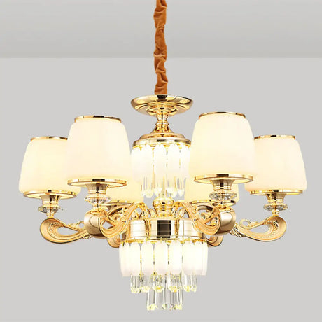 Modernist White Glass Suspension Pendant Light With Crystal Draping - Bucket Chandelier Lamp 6 /