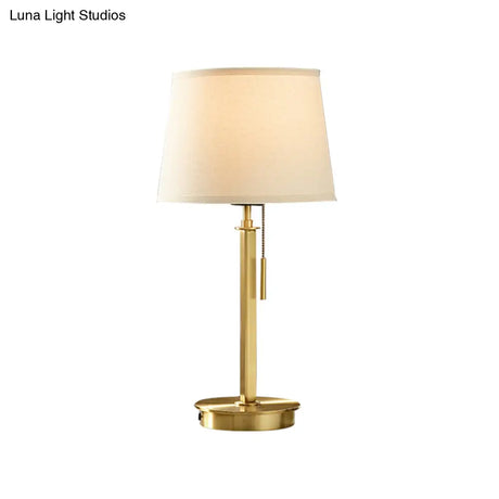 Modernist White Table Lamp With Pull Chain - Barrel Fabric Shade 1-Head Nightstand Light