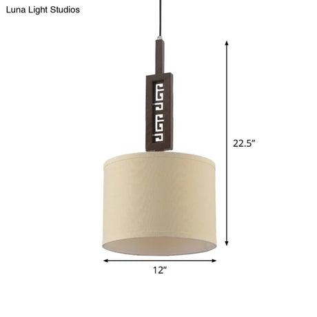 Modernist Wood Hanging Lamp Kit - Brown Carved 1-Bulb Down Lighting Design With Drum Fabric Shade