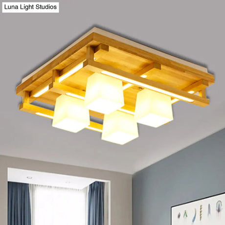 Modernist Wood Square Flush Mount Lighting With 1/4/9 Brown Led Lights And White Glass Cubic Shade