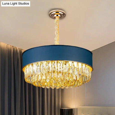 Modernistic Drum Crystal Chandelier - 9-Light Black/Red/Blue Leatherwear Ceiling Hang Fixture