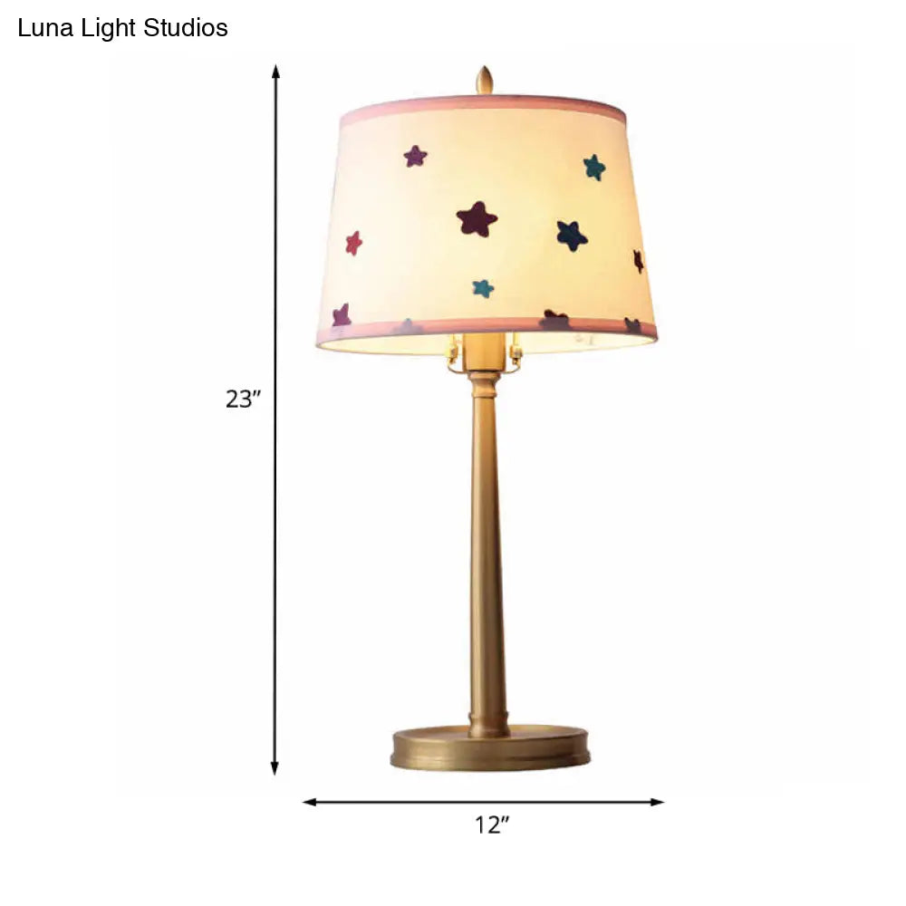 Monica - Modern Drum Fabric Table Lamp 1 Light Nightstand Lighting In Brass With Pentagram Pattern