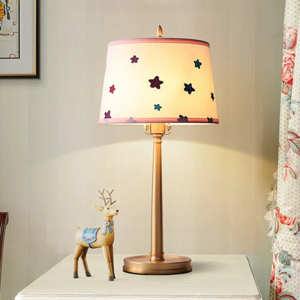 Monica - Modern Drum Fabric Table Lamp 1 Light Nightstand Lighting In Brass With Pentagram Pattern