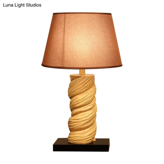 Conic Fabric Night Table Lamp - Traditional 1-Light Bedroom Desk Light In White/Brown With Resin