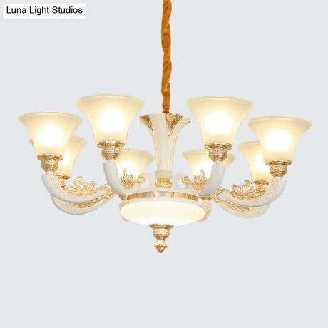 Morning Glory Chandelier - Classic 6/8/12 Light Opal Frosted Glass Pendant Lamp In White