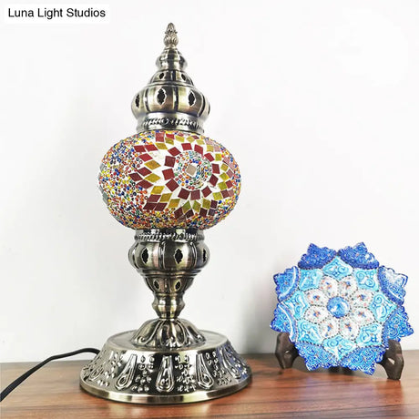 Moroccan-Style Stained Glass Night Light Sphere Table Lamp With Metal Base