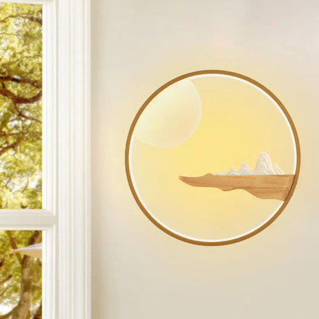 Mountain & Full Moon Wood-Black/Beige Led Sconce Light: Asian Wall Mural For Hotels Wood
